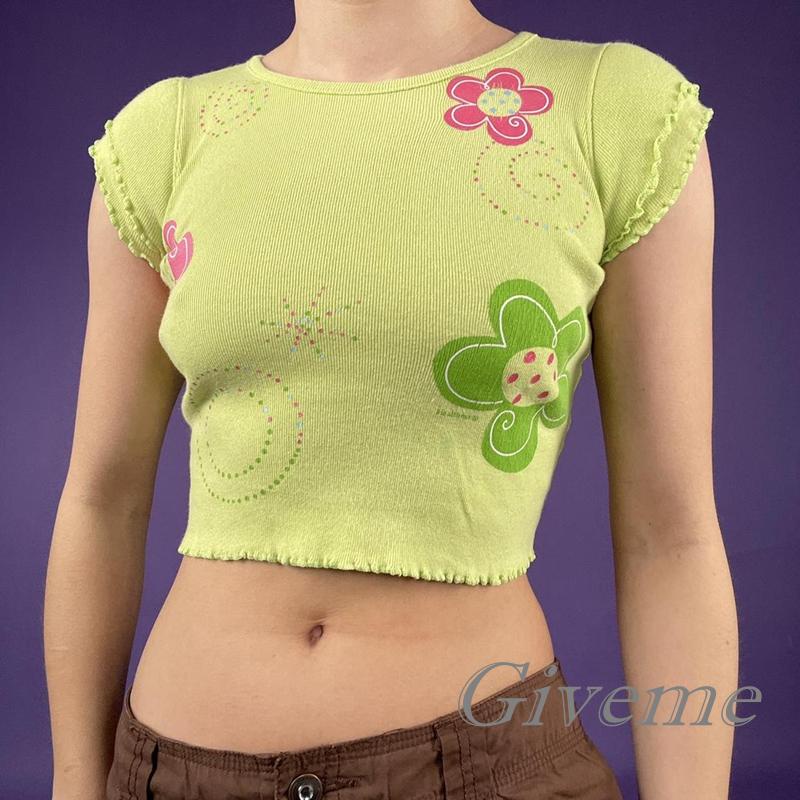 Áo Thun Crop Top Tay Ngắn In Họa Tiết Ngôi Sao / Bông Hoa Thời Trang Mùa Hè Cho Nữ