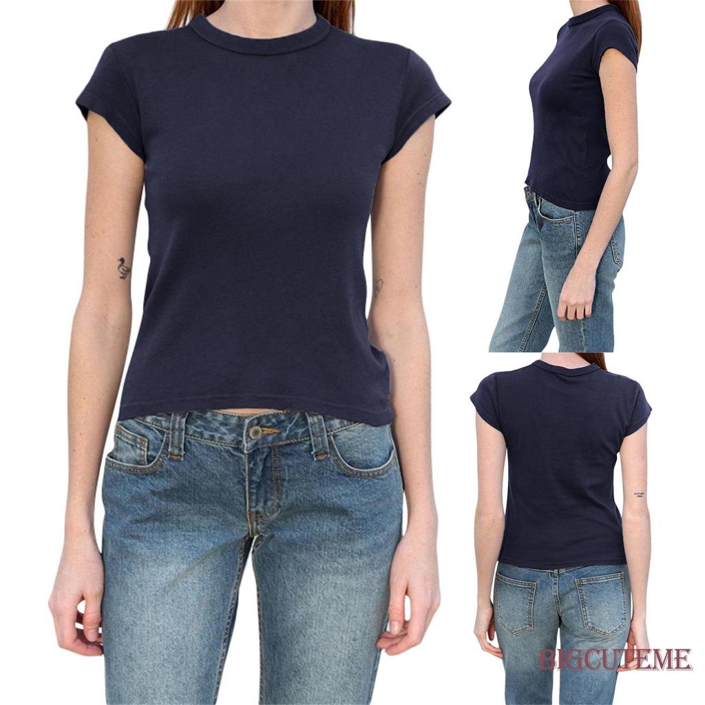 Áo Thun Tay Ngắn Cổ Tròn Màu Sắc Đơn Giản Thời Trang Mùa Hè Cho Nữ