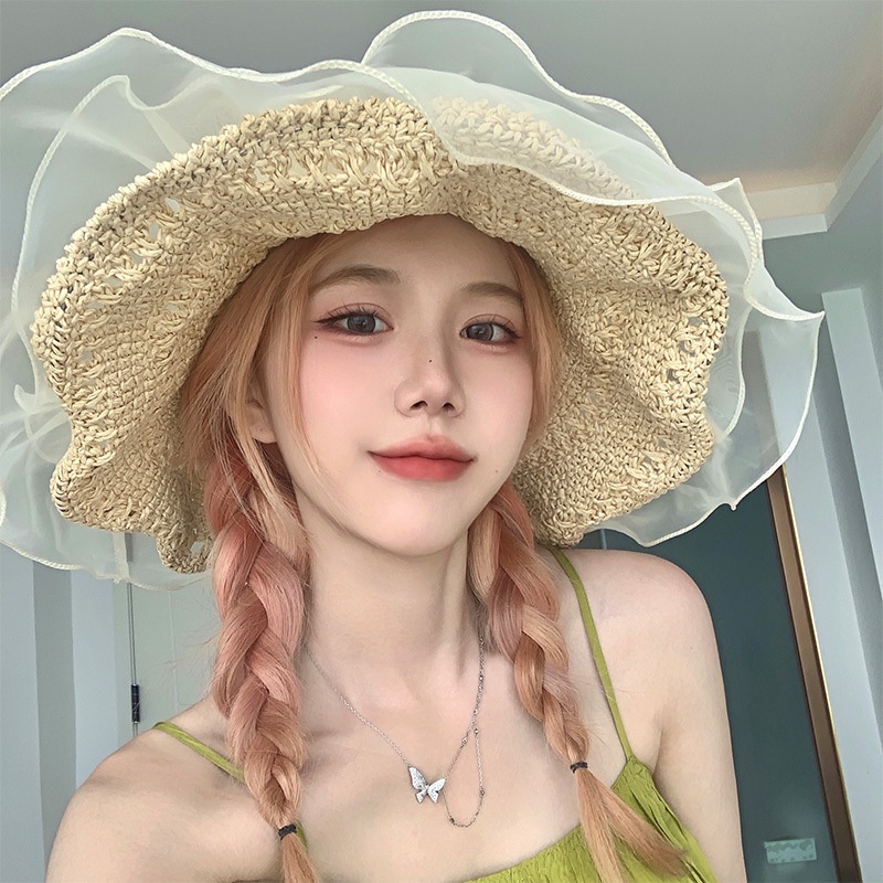 Mũ cói đi biển thời trang phong cách điệu đà cói mềm dễ dàng gấp gọn bỏ balo vành 12Cm phối vải voan đính hạt