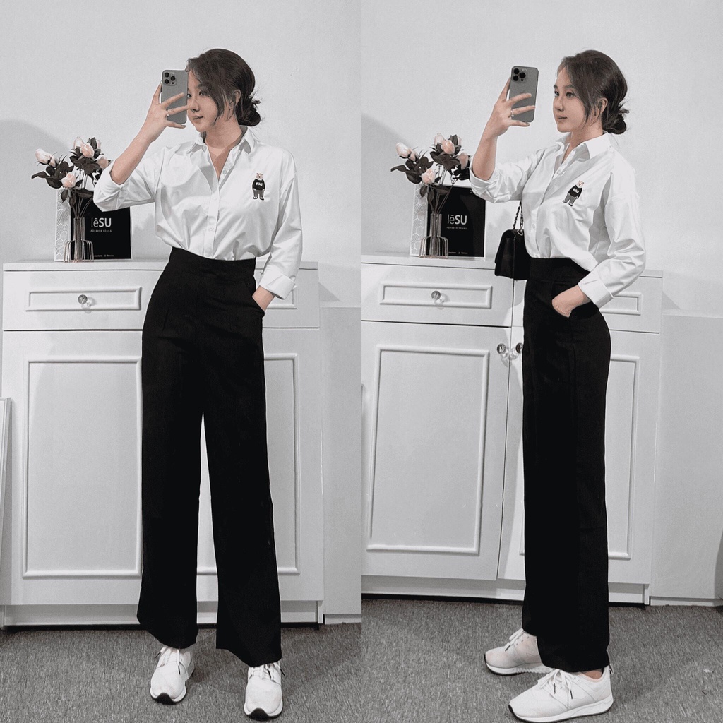 Áo sơ mi nữ FM STYLE form rộng chất lụa hàn trơn mềm mịn tay dài thêu hình dễ thương ulzzang vintage 23020665