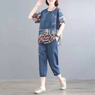 Mùa Hè 2023 Mới Rời Plus Kích Thước Quần Áo Nữ Béo mm Bao Bụng Ôm Hơn Nhìn Giảm Tuổi Thời Trang Quần Áo Mẹ Mùa Hè Hai Mảnh Phù Hợp Với Hợp Thời Trang