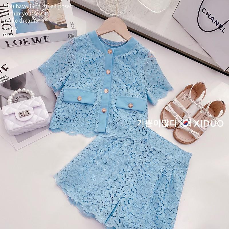 Bộ Áo Thun Tay Ngắn + Quần Short Phối Ren Phong Cách Hàn Quốc Thời Trang Mùa Hè Xinh Xắn Cho Bé Gái