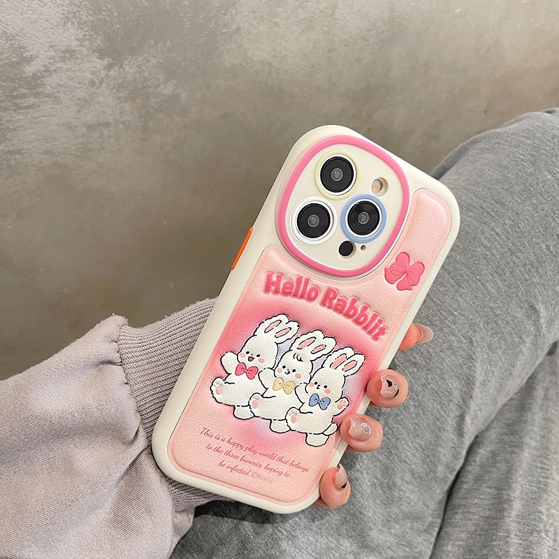 Ốp Điện Thoại Da In Nổi Hình Thỏ Hồng Bảo Vệ Camera Cho iPhone 14 13 12 11 Pro Max Sự Bảo Vệ