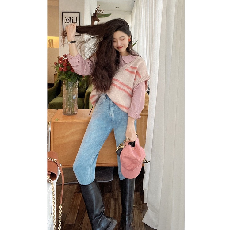 Set Áo Sơ Mi Tay Dài Kẻ Sọc Dáng Rộng + Áo Khoác Jean Không Tay Thiết Kế Mới Thời