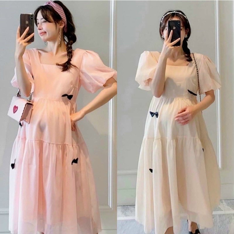 Đầm Bầu Hai Lớp Đính Nơ Dễ Thương Mã HH17