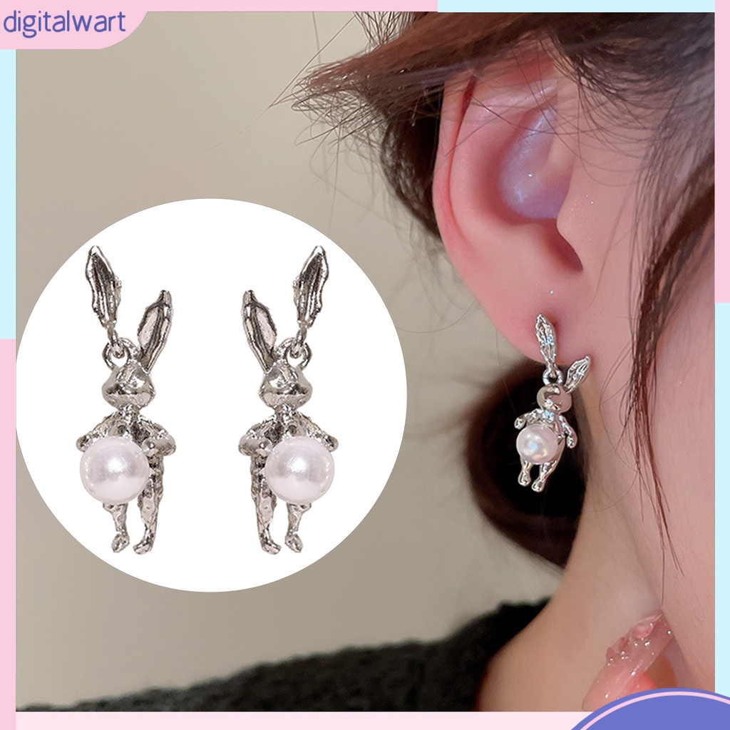 1 Đôi Bông Tai Bạc Hình Thỏ May Mắn Đính Ngọc Trai Giả Dễ Thương