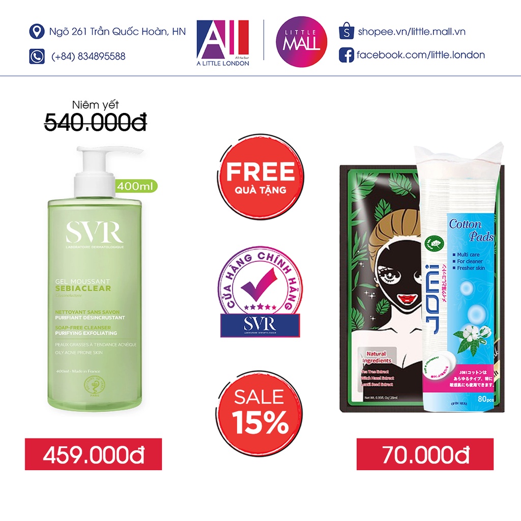 Gel rửa mặt không xà phòng,làm sạch SVR sebiaclear gel moussant TẶNG mặt nạ Sexylook / bông tẩy trang Jomi