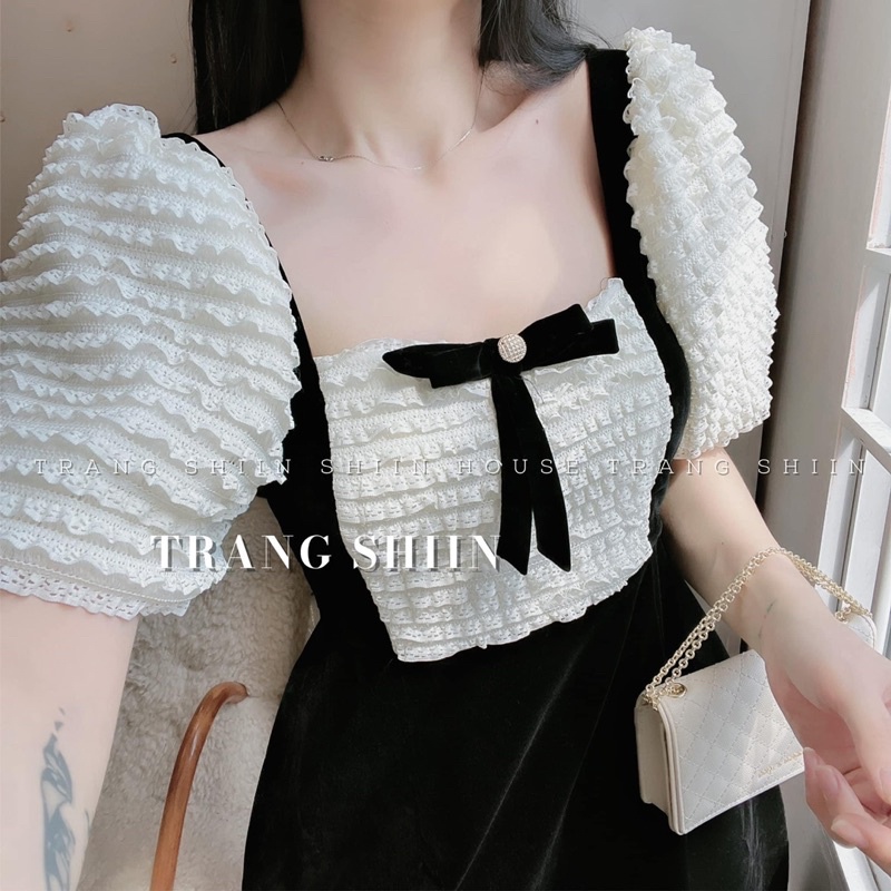 Váy Nhung Phối Tay Ren Phồng Kèm Nơ Tiểu Thư