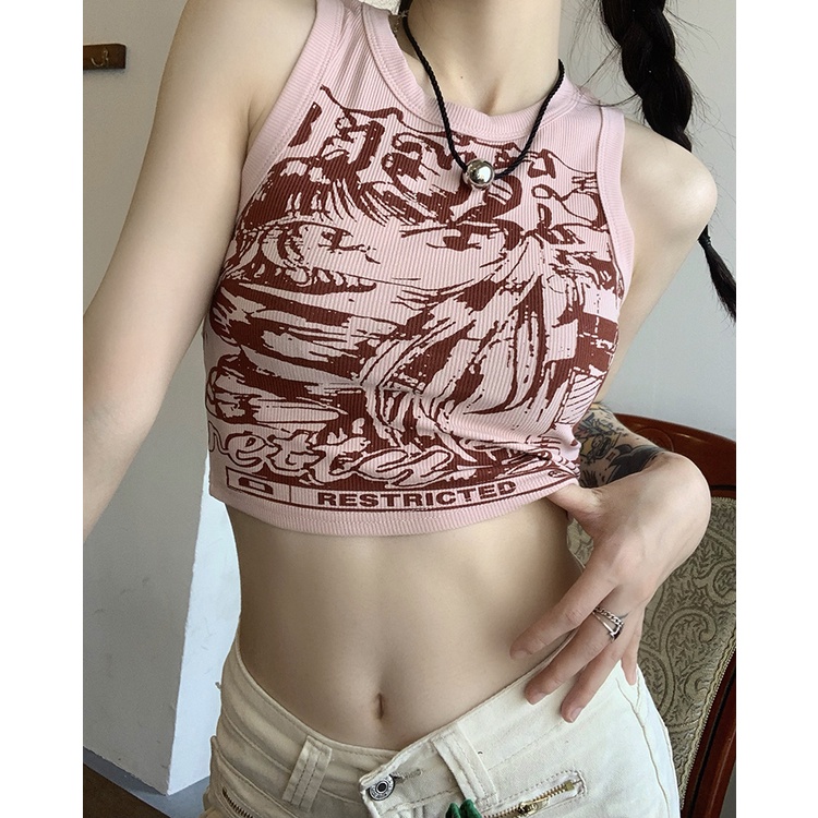 Áo Thể Thao Ngắn Sát Nách Màu Hồng Hình Chữ I Cổ Điển Thời Trang Mùa Xuân Hàn Quốc Cho Nữ