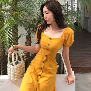 (HÀNG ORDER) Váy vàng tay bồng cổ vuông Ulzzang