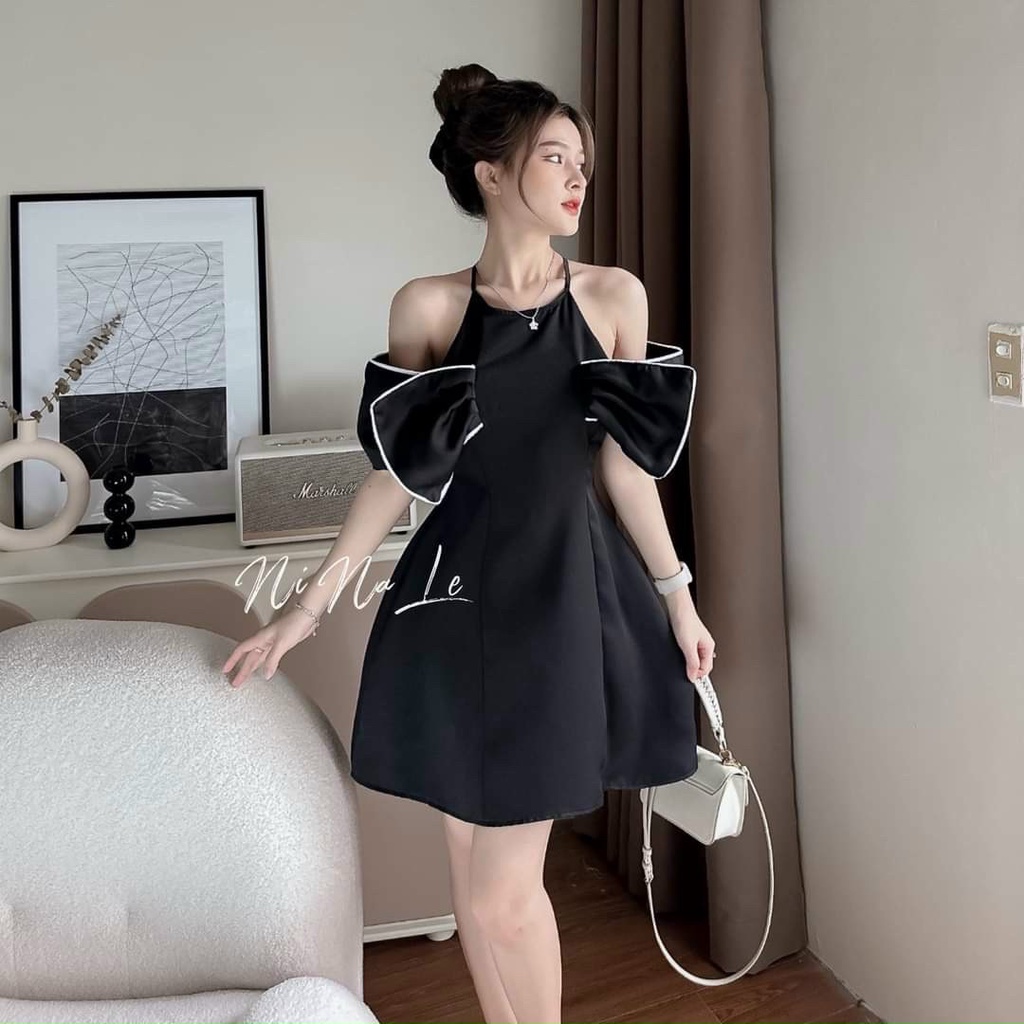 Váy đầm nữ dáng xòe kiểu cố yếm trễ vai chạy viền xinh xắn thích hợp cho nang đi tiệc đi chơi
