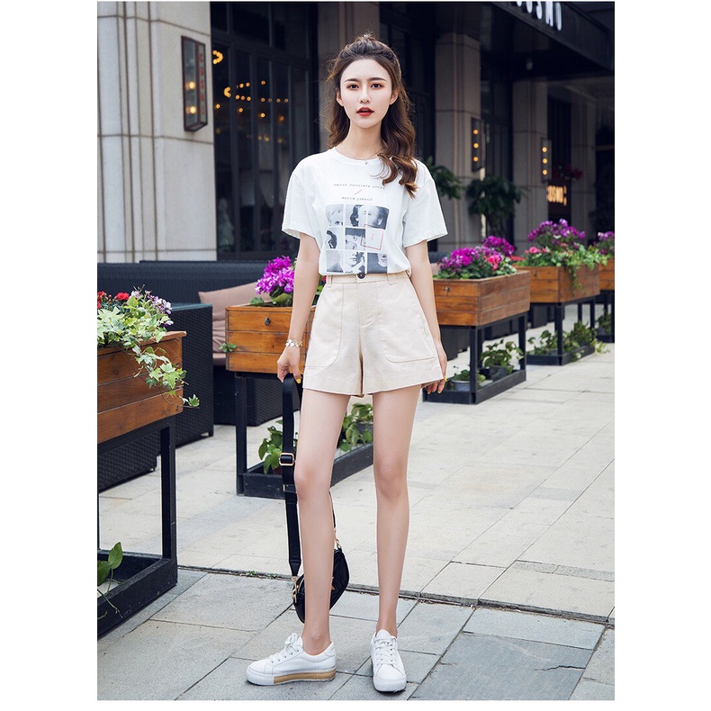 Quần Short Nữ Lưng Cao Ống Rộng Thiết Kế Túi Vuông Độc Đáo Quần Sooc Đùi Ngắn Nữ Cạp Cao Chất Kaki Cao Cấp