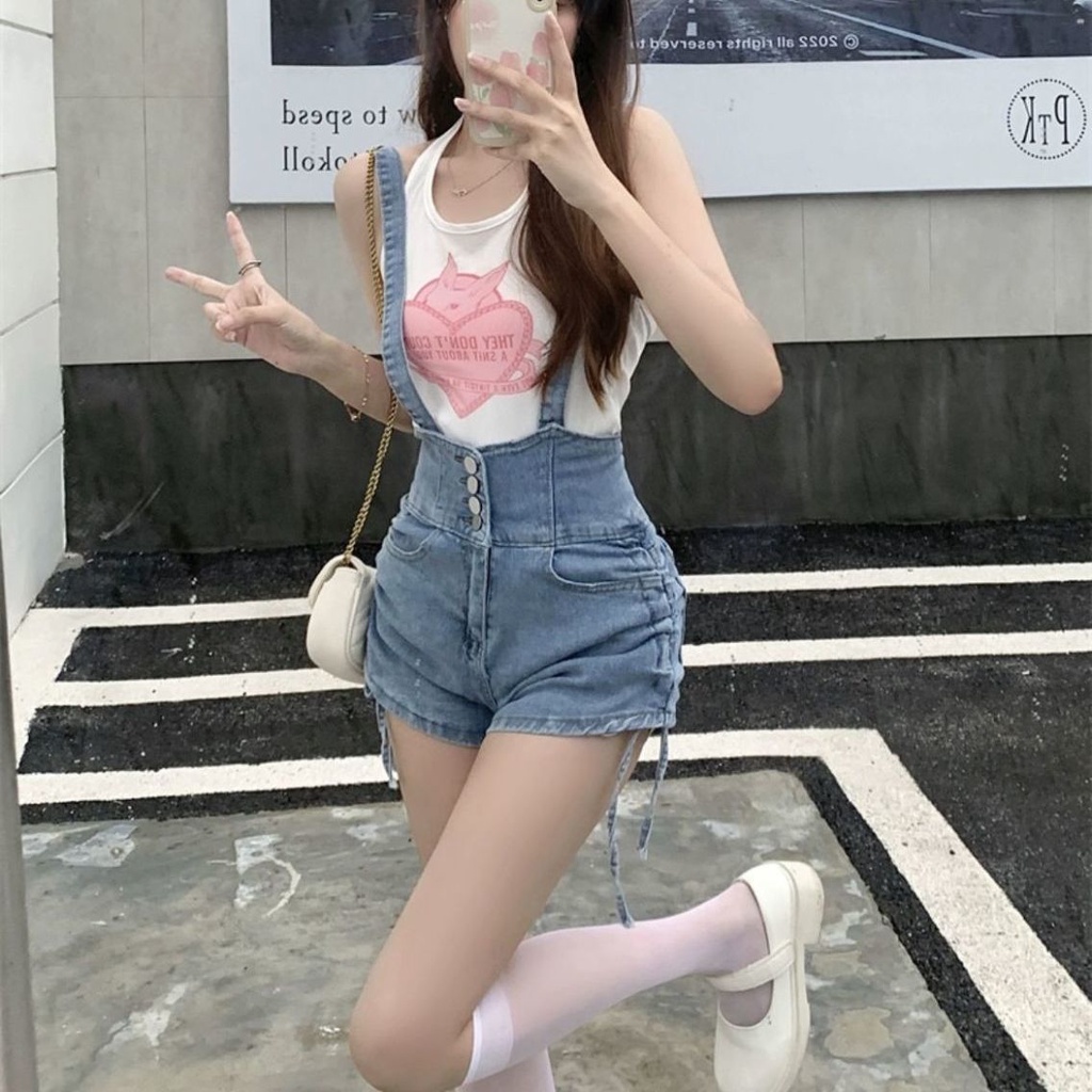 Bán Chạy Nhất Jiashucheng#Quần Short Yếm Denim Lưng Cao Phối Dây Rút Thời Trang Cho Nữ