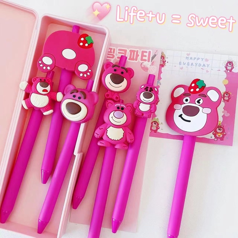 Set 7 viết gấu dâu lotso dễ thương cho học sinh, sinh viên, văn phòng - Bút mực gel gấu hồng losto ngòi 0.5mm màu đen