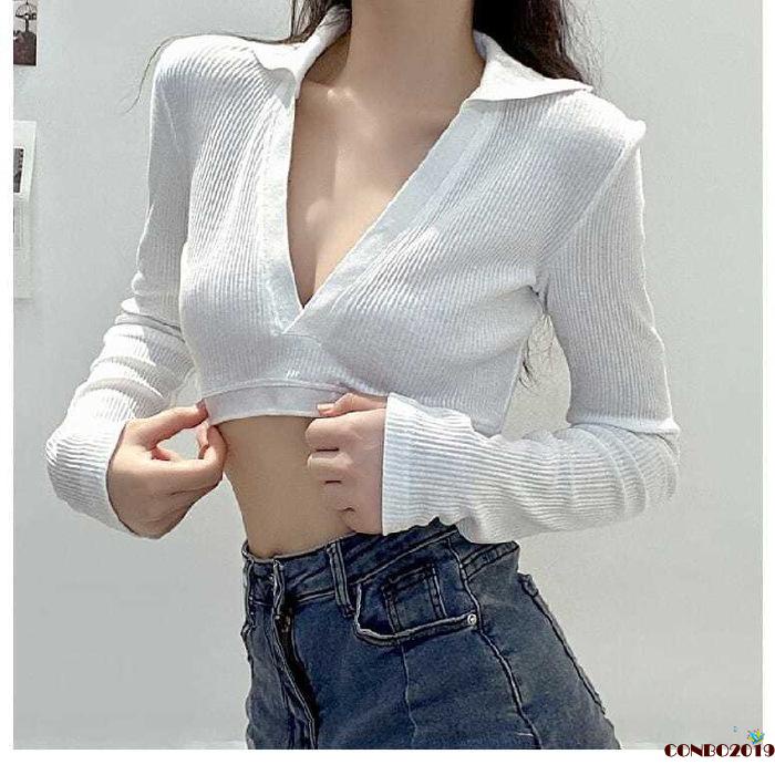 Áo Croptop Dệt Kim Tay Dài Cổ Chữ V Khoét Sâu Màu Sắc Thanh Lịch