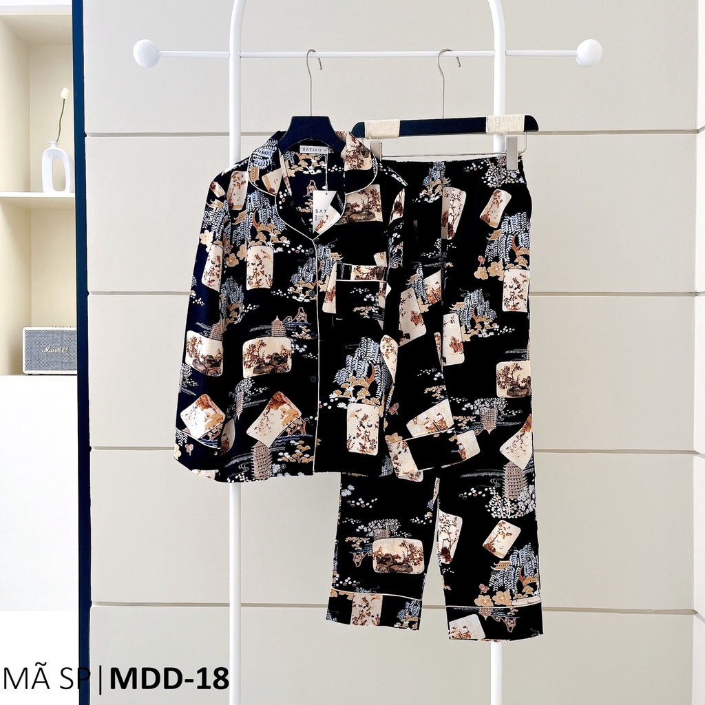 Đồ bộ mặc nhà, đồ ngủ, Pijama Lụa TDQD Satino - Black Mogan & Raven Nude & Calla Cream