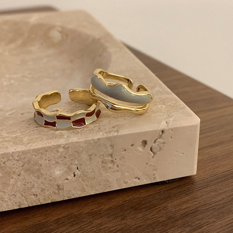 Nhẫn AY dạng hở điều chỉnh được hai lớp đính đá nhân tạo kiểu giọt nước phong cách retro thời trang cho nữ