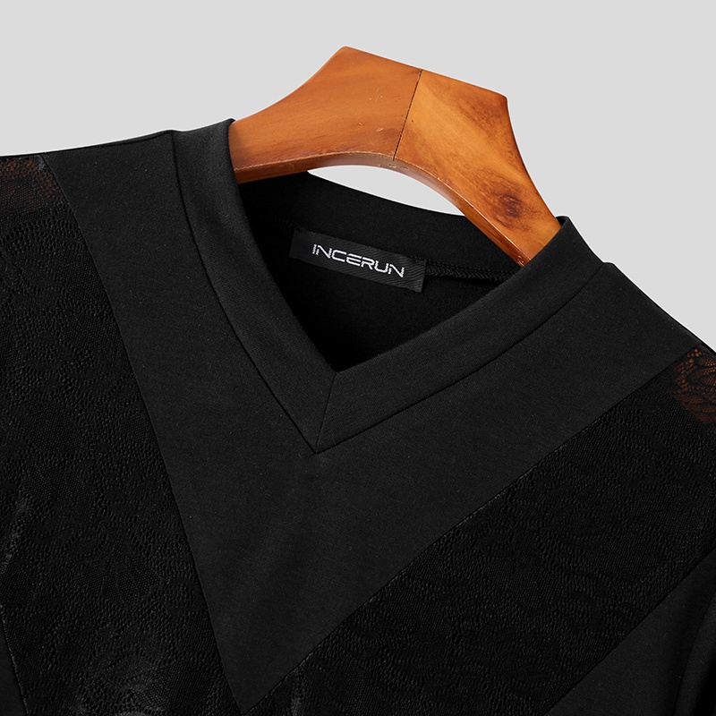 Áo thun INCERUN dệt kim tay dài phối ren thời trang cho nam