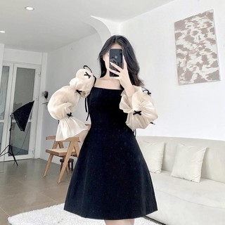 Váy đầm nữ tay voan kết nơ, đầm tiểu thư dự tiệc, đi chơi siêu xinh