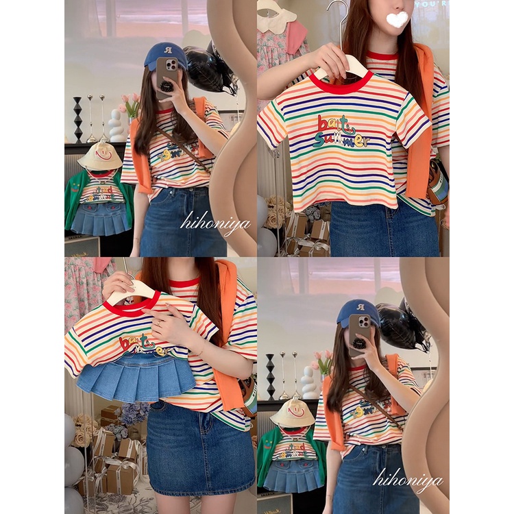 Áo Thun Gia Đình Kẻ Sọc Cầu Vồng In Chữ Phong Cách Mới Mùa Hè 2023