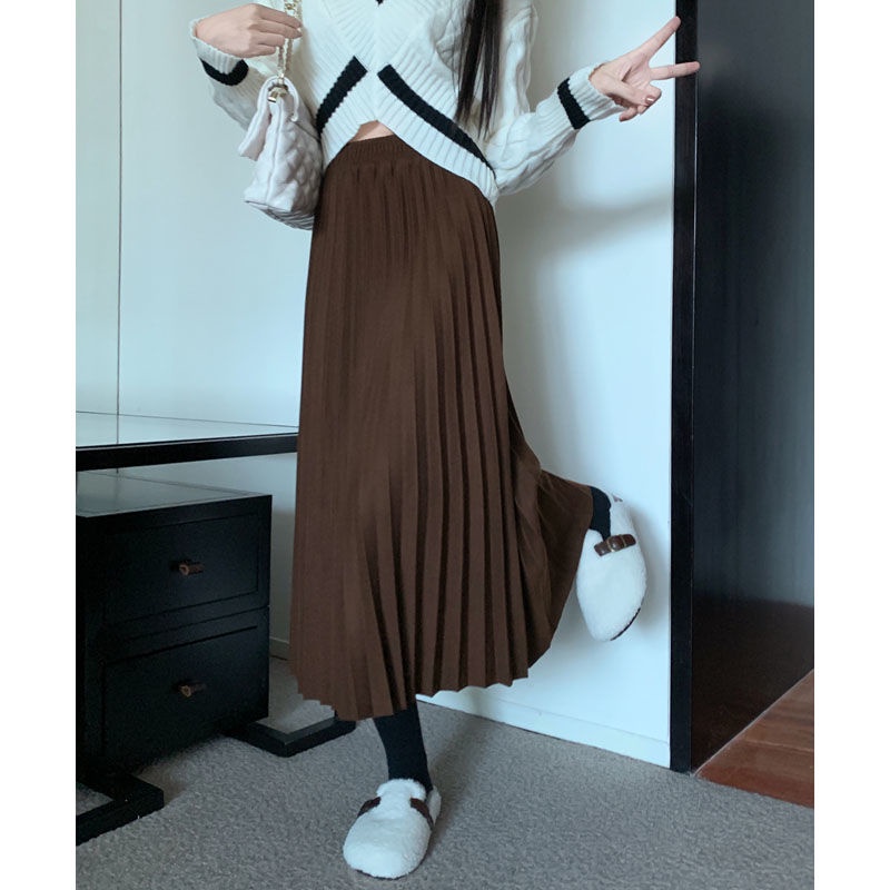 Chân Váy Xếp Ly Lưng Cao Co Giãn Thời Trang Hàn Quốc Đơn Giản