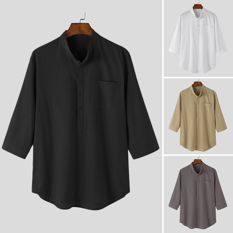 Áo sơ mi INCERUN ngắn tay màu trơn thiết kế đơn giản thời trang cho nam