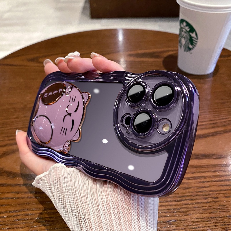 ốp điện thoại iphone 14 Pro Max Case iPhone 11 12 13 Pro Max Sang trọng mạ sóng bezel 3D may mắn mèo rõ ràng trường hợp điện thoại