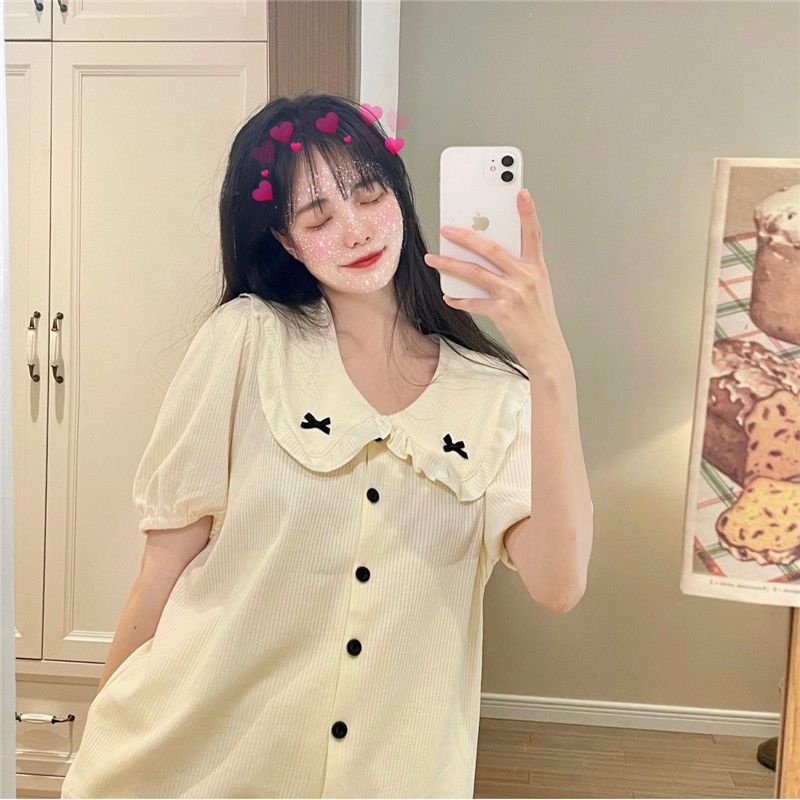 Bộ Đồ Ngủ Ngắn Tay Dáng Rộng Đính Nơ Ngọt Ngào Thời Trang Mùa Hè Mới Dành Cho Bạn Nữ