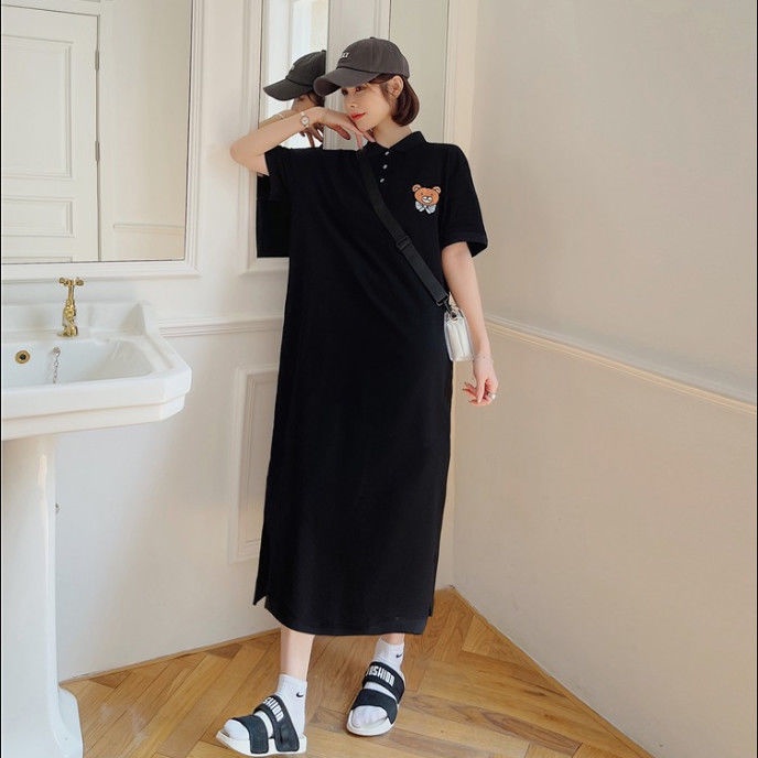 【Giao ngay nhanh chóng！ 】【YYDS】Váy T-shirt dài tay ngắn cổ polo rộng rãi mùa hè mẫu mới gấu phong cách Hồng Kông váy liền tôn dáng gầy che thịt cho nữ qua đầu gối