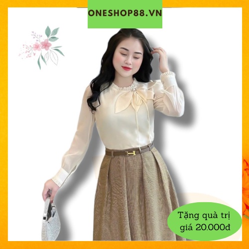 Áo sơ mi nữ vải tơ tằm cổ phối viền đính nơ, tay dài siêu nữ tính mang phong cách thời trang công sở-ONESHOP88.VN