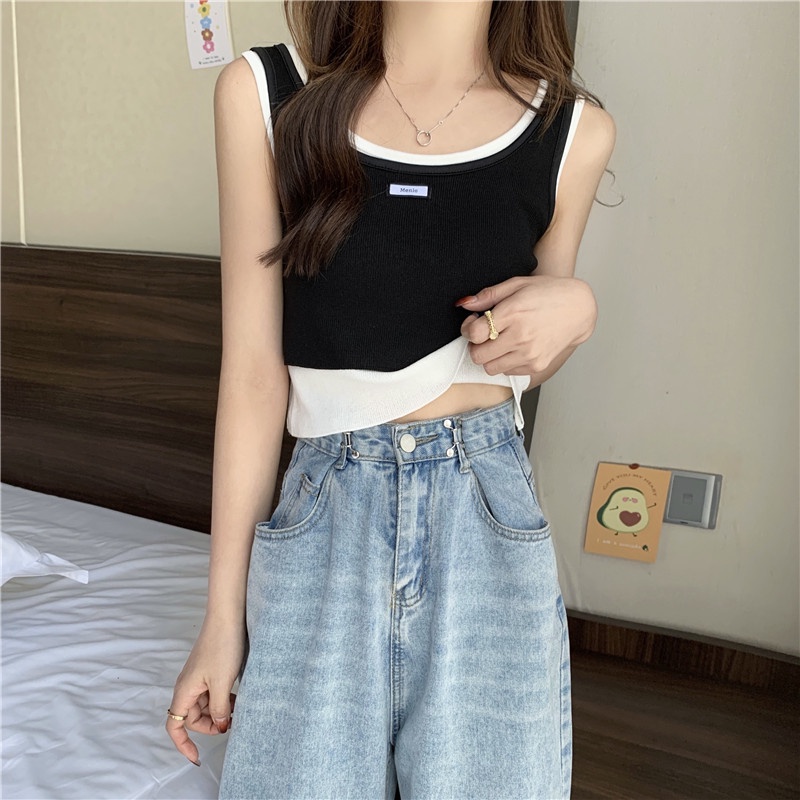 Áo Len Không Tay Giả Hai Lớp Màu Sắc Tương Phản Thời Trang Mùa Hè Phong Cách Hàn Quốc