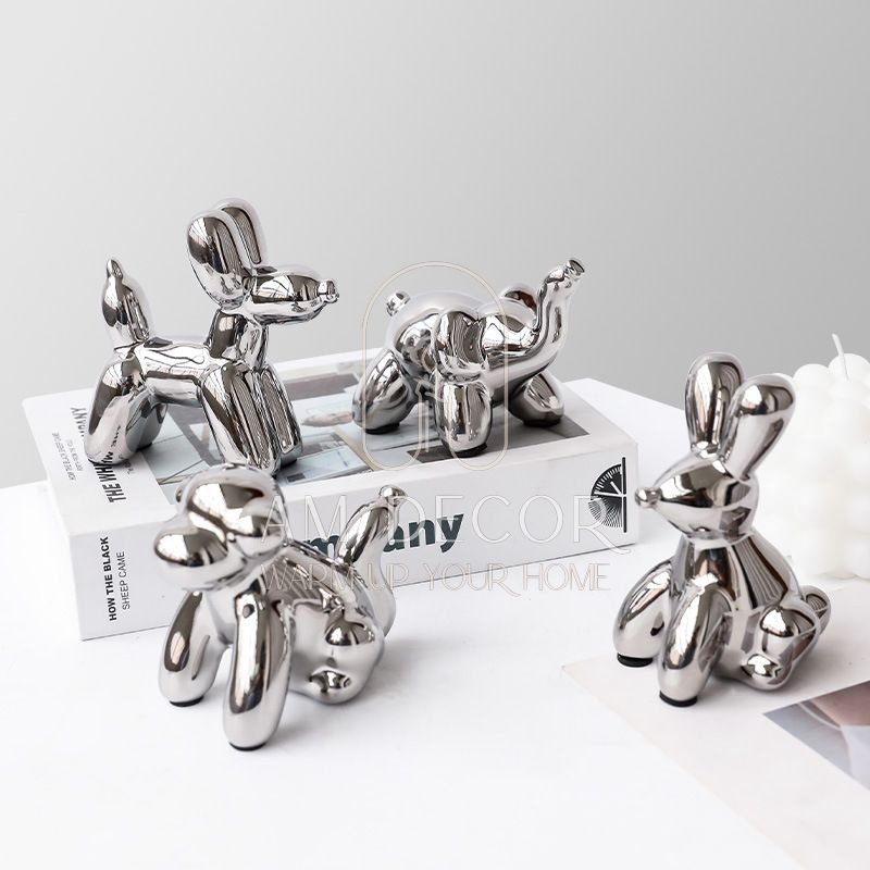 Tượng thú gốm mạ bạc, vàng set 4 con chó, thỏ, voi, khỉ đáng yêu quà tặng sinh nhật - AM Decor