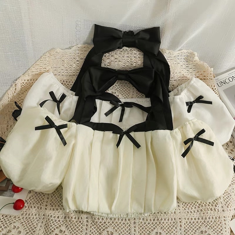 Áo Croptop Tay Bồng Thắt Nơ Cổ Đính Nơ Nhí Xinh Xắn