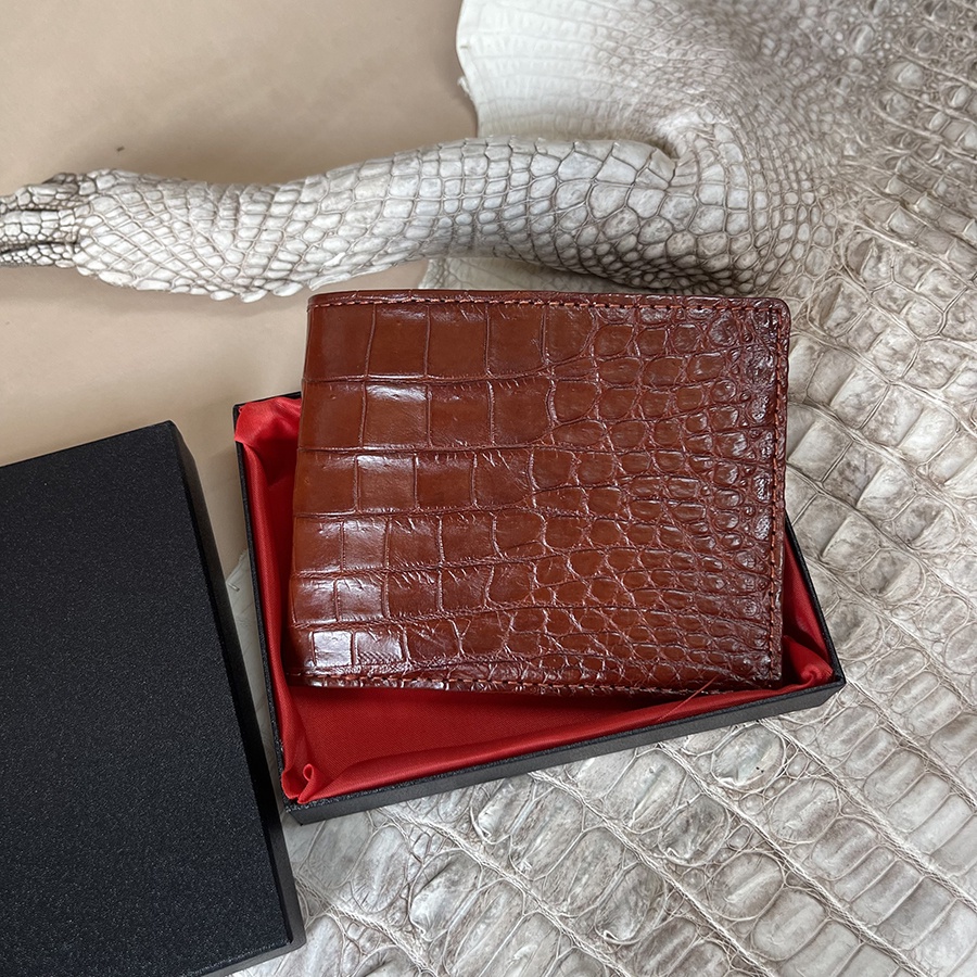 Ví Cá Sấu Da Thật 2 Mặt Phần Da Bụng Trơn Màu Nâu Đỏ BH 24T TD15223