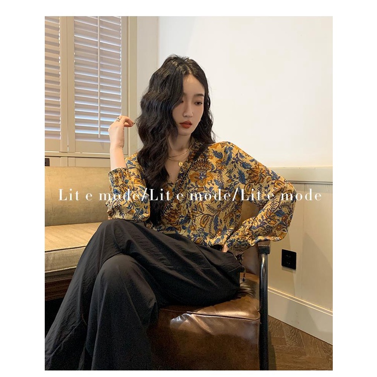 Áo Sơ Mi Tay Dài Hoạ Tiết Hoa Thiết Kế Cổ Chữ v Phong Cách Retro