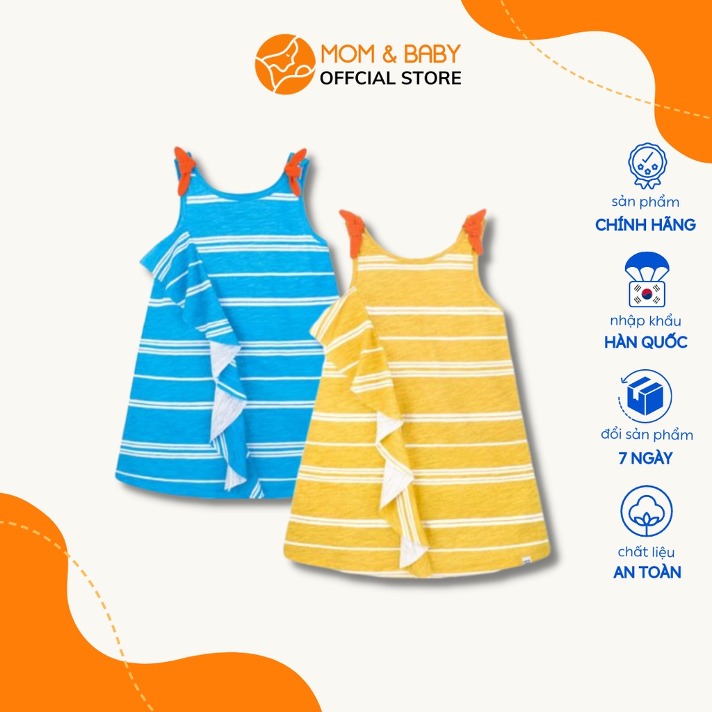 Đầm thun cotton sát nách bé gái Petite Mieux phối bèo dễ thương màu xanh da trời và màu vàng MOM & BABY CMEBC30
