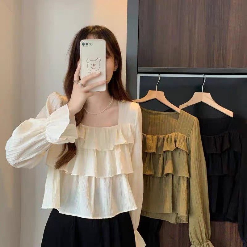 Áo Babydoll 3 Tầng Dáng Ngắn Sành Điệu Tiểu Thư A8565 Áo Đũi Gân Cao Cấp Thiết Kế Cổ Vuông Tay Phồng Bo Chun Siêu Xinh