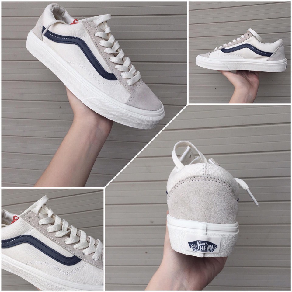 Giày thể thao nam nữ Vans vault old skool màu trắng xanh - Giày Vans old skoll màu trắng vệt xanh than navy Full Box