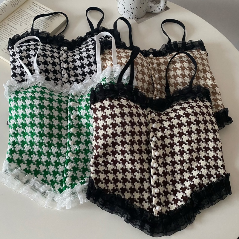 Áo Hai Dây Phối Ren Họa Tiết Sọc Caro Phong Cách Quyến Rũ