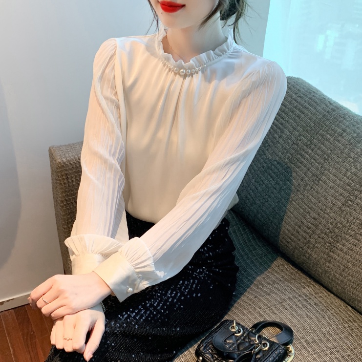 Áo Sơ Mi Chiffon Mỏng Tay Dài Cổ Đứng Đính Ngọc Trai Phong Cách Pháp Thời Trang Mùa Xuân 2023