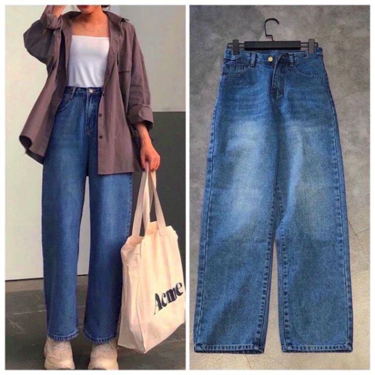 Quần jean nữ ống rộng lưng cao,Quần bò nữ ống rộng cạp cao màu xanh dáng suông anhphuong9517