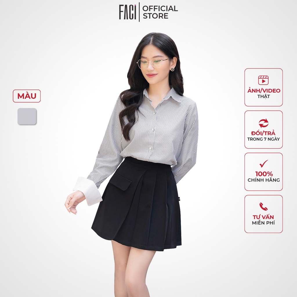 Áo Sơ Mi Nữ FACI Alice Dáng Suông Cổ Đức Dài Tay Gấp Ống Tay Cách Điệu Vải Kẻ Đũi Nhật Không Nhăn, Mát Mẻ FA117