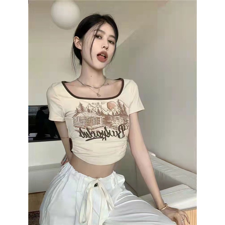 Áo Phông Ngắn Tay Cổ Vuông cổ điển kiểu Mỹ áo trễ vai dáng ngắn ôm dáng Hot Girl sành điệu sang trọng dành cho người thích hợp mùa hè cho nữ