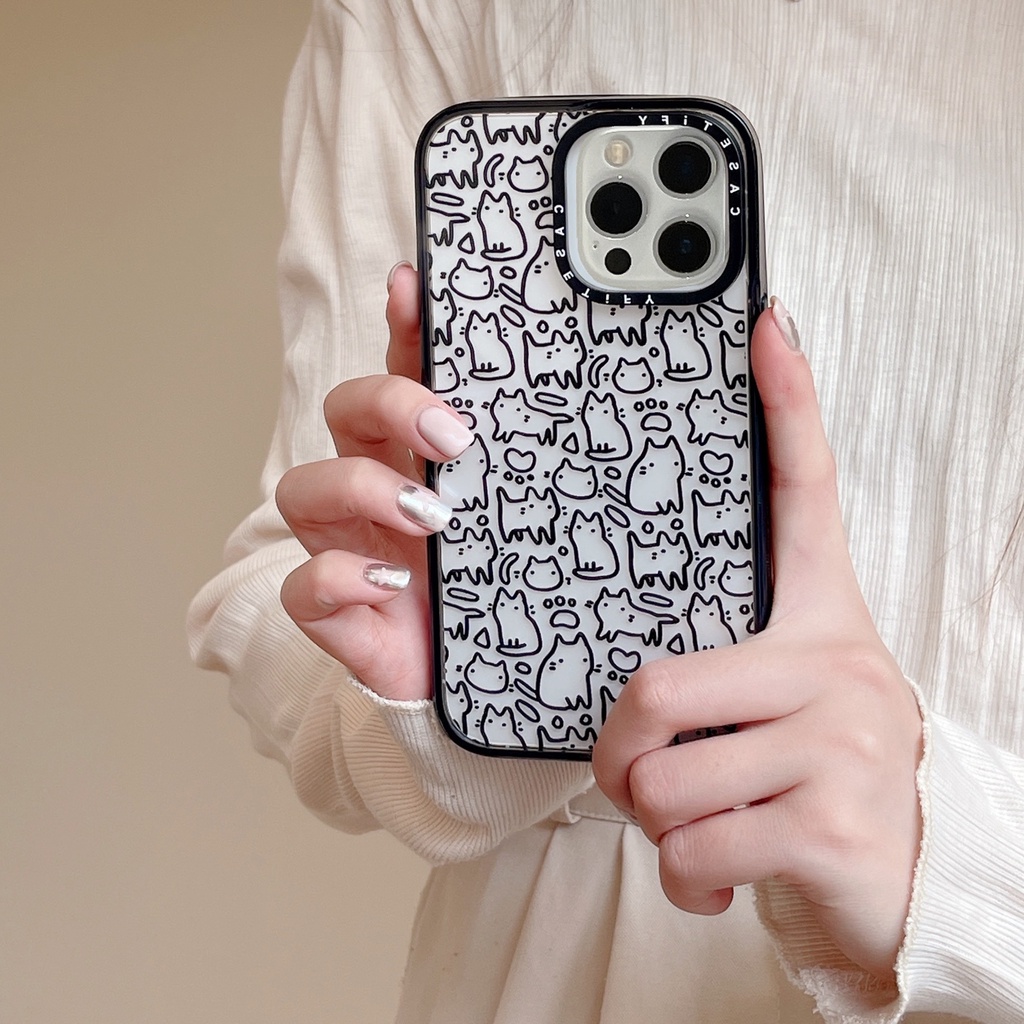 Casetify Ốp Điện Thoại Nhựa Acrylic Cứng In Hình Mèo Và Hoa Hoạt Hình Cho iPhone 15 14 13 12 11 Pro Max Plus