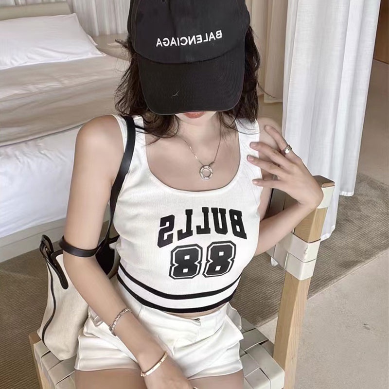 Nevaeh Áo tank top Hai Dây In Chữ Phong Cách Mỹ Cổ Điển Có Đệm Ngực Mỏng Vừa Vặn Và Không Tay Hàng Mới Dành Cho Bạn Nữ áo croptop