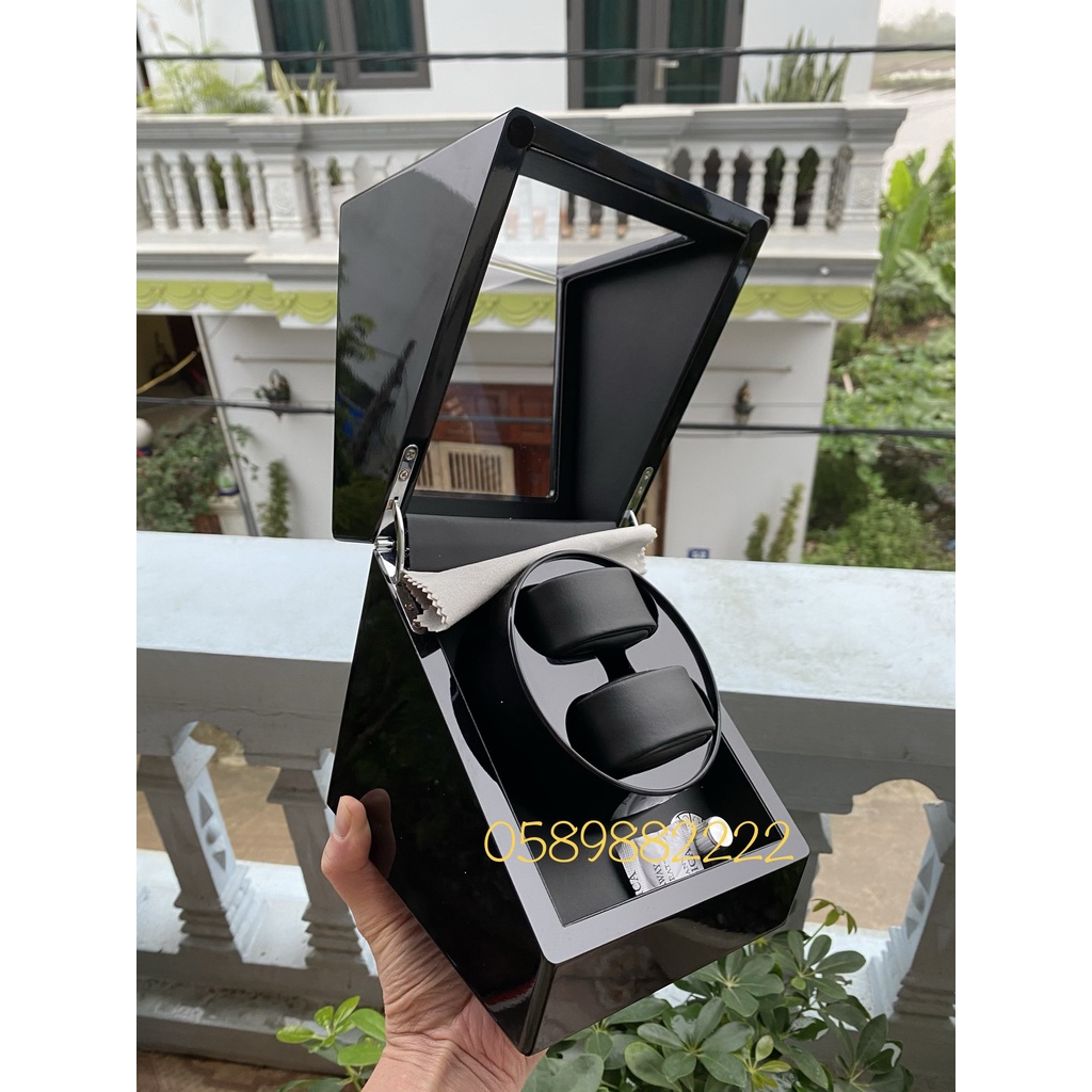 Hộp xoay đồng hồ cơ - Vỏ Gỗ Sơn Mài Đen Bóng - 4 chế độ xoay có đèn led - Mở lắp tự dừng
