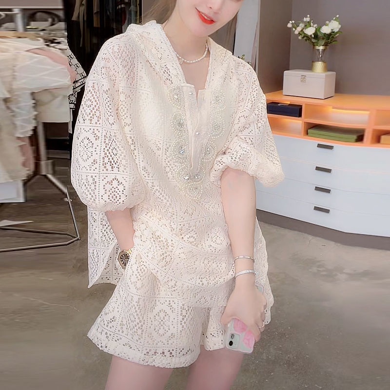 Set Áo Có Mũ Trùm Đầu Cổ Chữ V Dáng Rộng Đính Hạt Kim Cương + Quần Short Phong Cách Hàn Quốc Mùa Hè Dành Cho Bạn