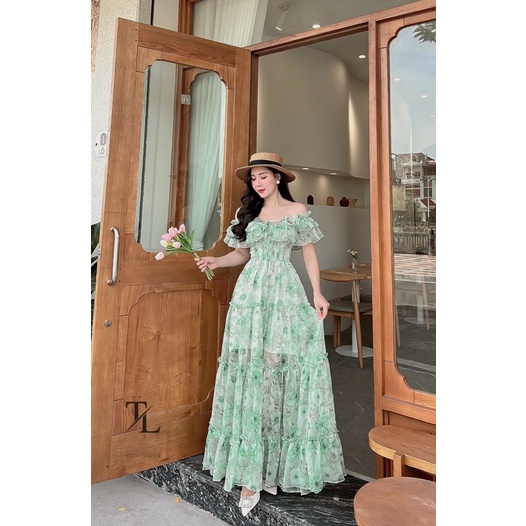 Váy maxi tơ hoa trễ vai, hàng thiết kế  - V024