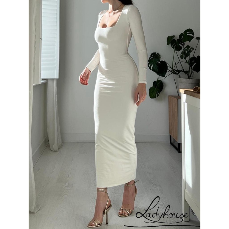 Đầm Tay Dài Cổ Vuông Màu Sắc Thời Trang Xuân Thu Xinh Xắn Cho Nữ