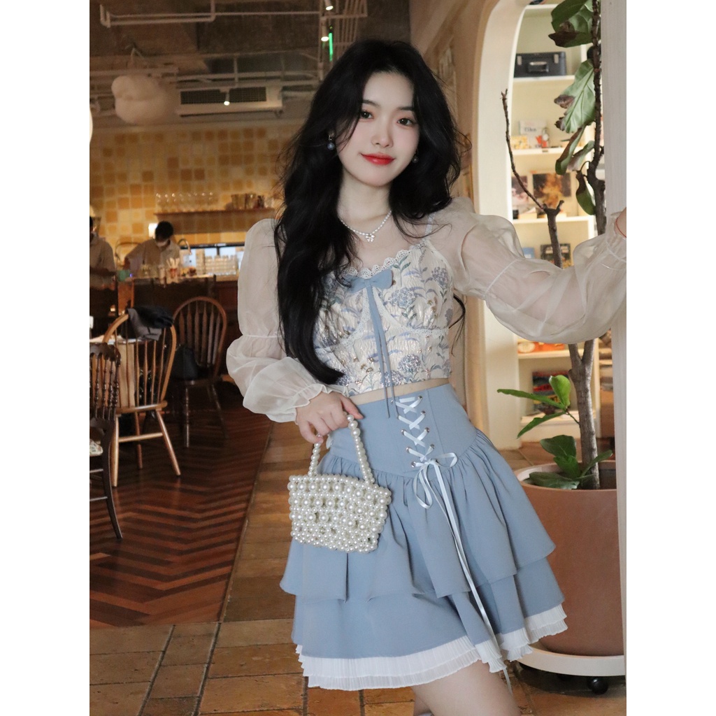 Set áo croptop tay voan, chân váy xòe chữ A nhiều tầng thời trang nữ